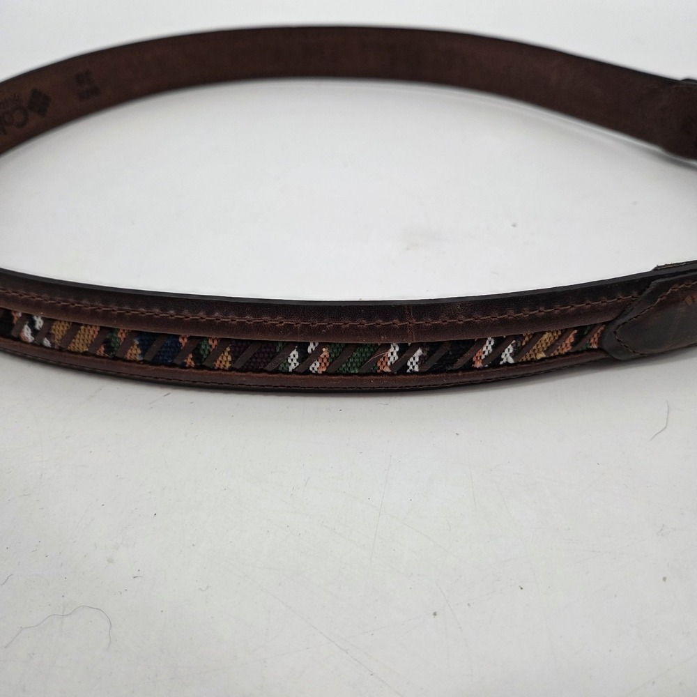 Columbia Brown Leather Belt Sz 38 Woven Inlay Brass Buckle  Southwestern Aztec